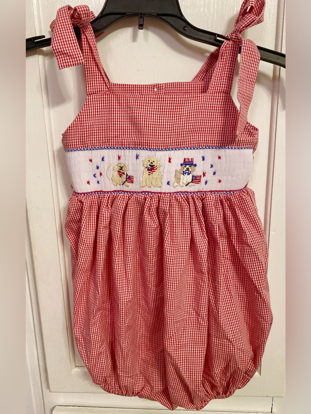 Red Gingham Smocked bubble with Patriotic Puppies